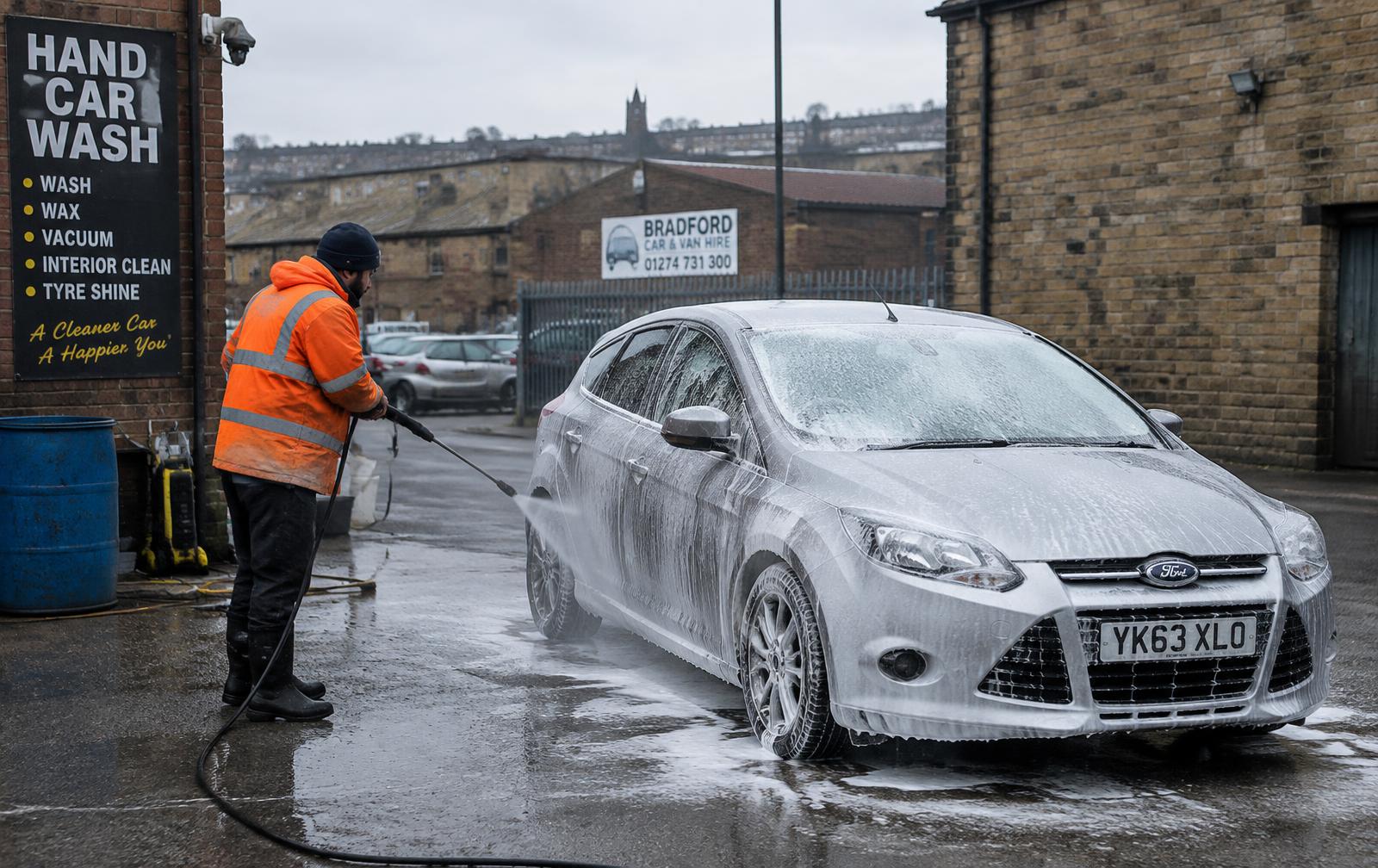 Car being pressure washed at Foster Square Car Wash, Bradford